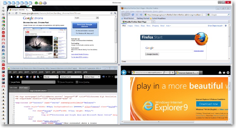 Screenshot of Slickscreen, Google Chrome, Mozilla Firefox, Microsoft Internet Explorer and Microsoft Web Expression